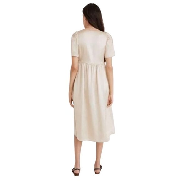 Madewell Puff-Sleeve V-Neck Midi Dress in Shiny Gold Satin ND148 XL X-Large - Picture 5 of 5